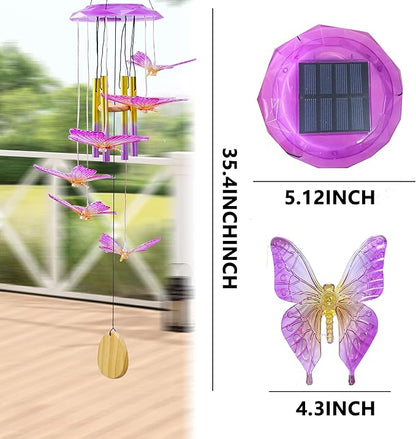 Outdoor Solar Wind Chime Decoration, Mother's Day Birthday Gifts for Grandma, Mom and Family, Outdoor Garden and Courtyard Wind Chime Accessories (Purple Butterfly)