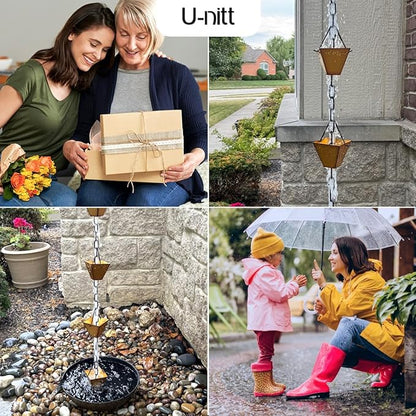 U-nitt Rain Chain Water Collection for Gutters Rainwater Catcher & Diverter, 8.5 FT Chains for Outside Garden, Golden Square Cups, Roof Downspout, Works with Heavy Rain, w/Gutter Clip for Rainchains