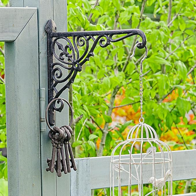 Sungmor Decorative Cast Iron Wall Bracket for Hanging Baskets – 2 Pack Heavy Duty Plant Hanger Hook for Outdoor/Indoor Use – Vintage Black Metal Hanging Bracket for Lanterns, Bird Feeders, Signs