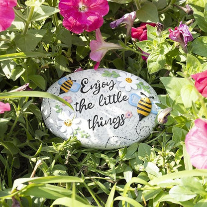 Spring Decorative Garden Stones Outdoor, 6x4.1In Enjoy The Little Things Bee Stone with White Flower, Concrete Stepping Stones for Walkway Pathway Yard Outside