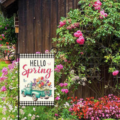 Hello Spring Garden Flag for Outside, Spring Flowers Truck Garden Flag Yard Flags for Lawn Porch Outdoor Decorations 12x18 Inch Double Sided