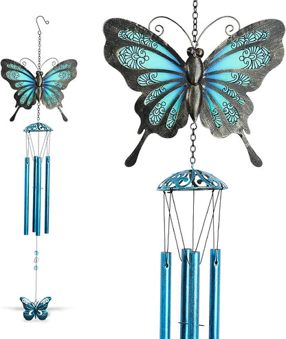 CoTa Global Rustic Blue Butterfly Wind Chime - Handmade Metal and Glass Hanging Decor, Blue and Black Garden Ornament with Copper Tubes, Indoor Outdoor Porch Patio Yard Decoration - 32 Inches