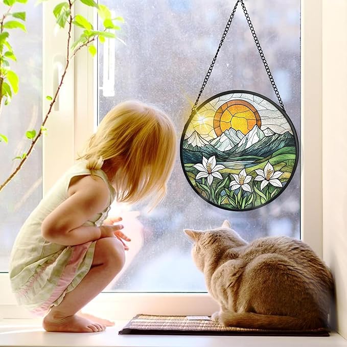 Bimkole Sun Mountain Stained Glass Suncatcher Window Hanging - Flowers Indoor Window or Doorway Decoration - Handmade Sun Catcher Decor for Garden Home Christmas & Birthday Gifts 7.87x7.87 Inch