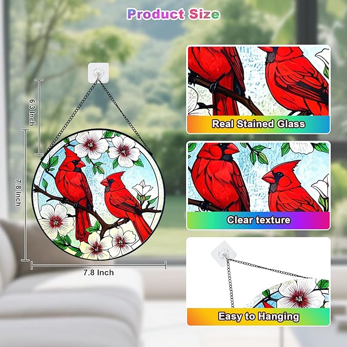 Cardinal Stained Glass,Red Bird Suncatcher for Window,7.8" Stained Glass Window Hanging,Cardinal Gift for Women,Hanging Stained Glass Home Decor