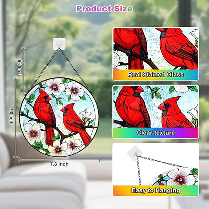 Cardinal Stained Glass,Red Bird Suncatcher for Window,7.8" Stained Glass Window Hanging,Cardinal Gift for Women,Hanging Stained Glass Home Decor
