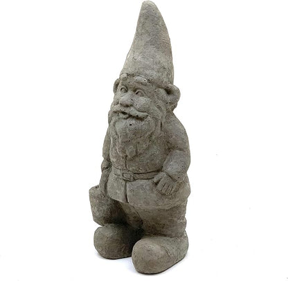 Garden Gnome with Bucket: Solid Durable Stone Statue with Vintage Texture. Sealed for Outdoors. Handcrafted USA. (Antique/Gray)