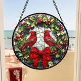 DASTOLL Stained Glass Window Hanging - Cardinals Green Wreath Suncatcher for Doors Home Christmas Decoration Red Bird Sun Catcher Thanksgiving New Year Birthday Gift for Women Men Mom Nana 14.9 in