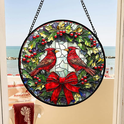 DASTOLL Stained Glass Window Hanging - Cardinals Green Wreath Suncatcher for Doors Home Christmas Decoration Red Bird Sun Catcher Thanksgiving New Year Birthday Gift for Women Men Mom Nana 14.9 in