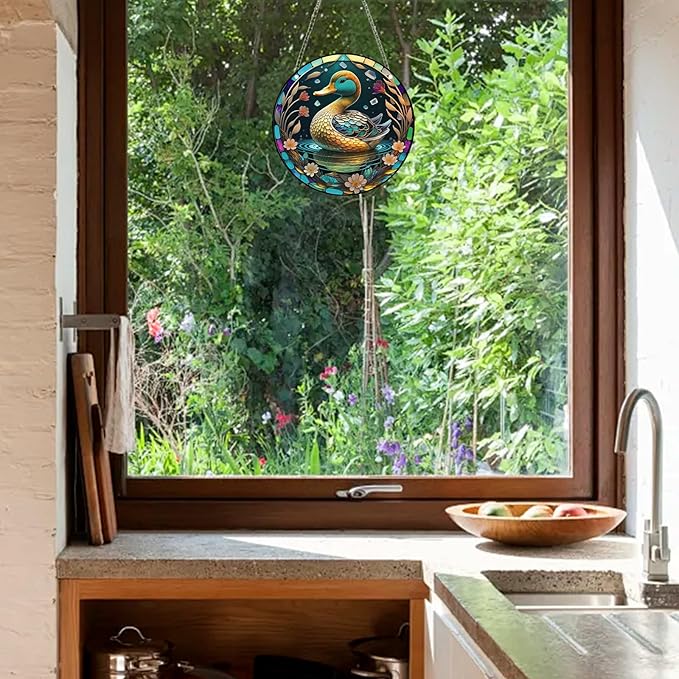 Duck Acrylic Window Hanging,Stained Window Hanging Decor Colorful Ornament,Stained Two-Sided Panel Hangings Decoration,Acrylic Suncatcher for Garden Kitchen Living Room