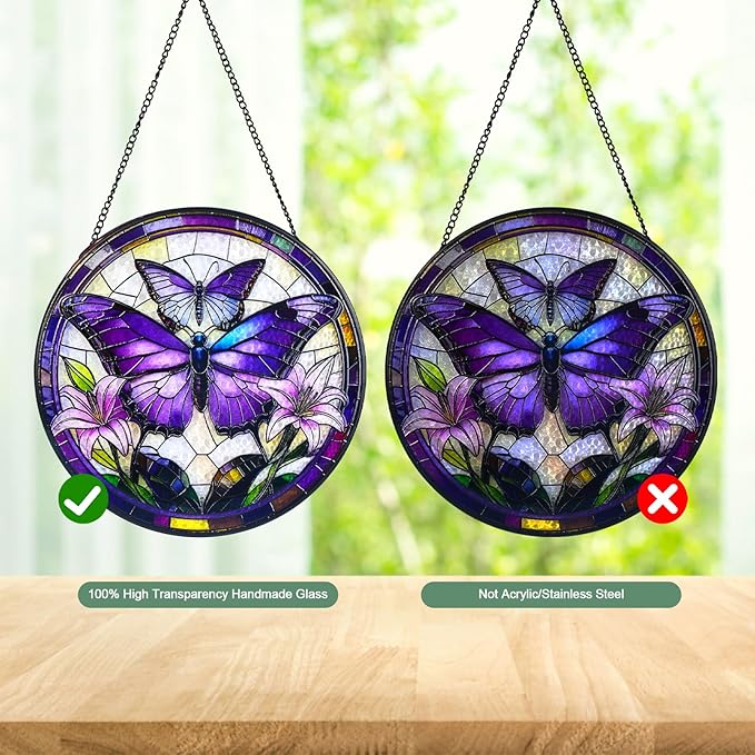 Purple Butterfly Stained Glass Window Hanging Suncatcher with Chain - 7.9" Outdoor/Indoor Art Decor for Home Garden, Wedding, Mother's, Festival, Valentine's & Christmas Ornaments Present