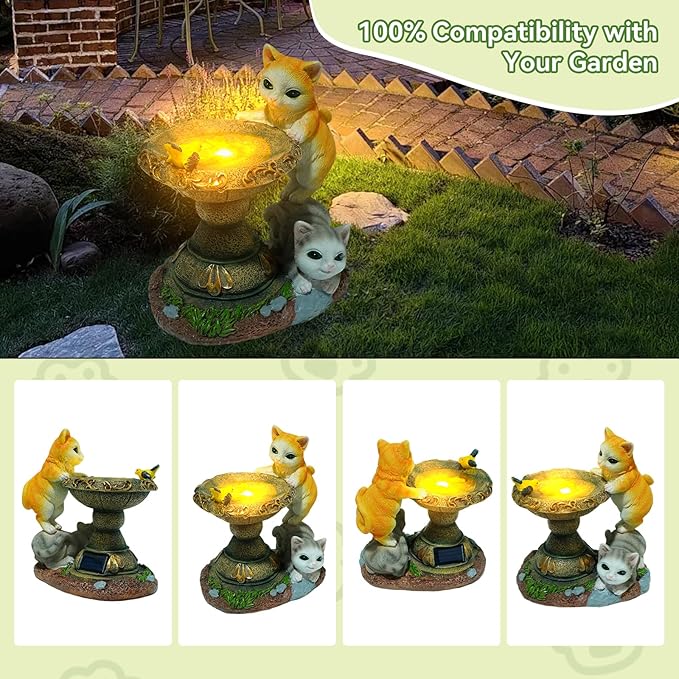 Solar Two Kittens Garden Statues with LED Lights, Outdoor Decor for Patio Yard Balcony - Unique Housewarming Birthday Gifts for Women Mom Grandma