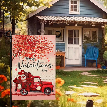Valentines Garden Flags Red Truck Hearts Tree Yard Garden Flag Burlap 12x18 Inch Double Sided Sweet Love Flags for Outdoor Yard House Decor