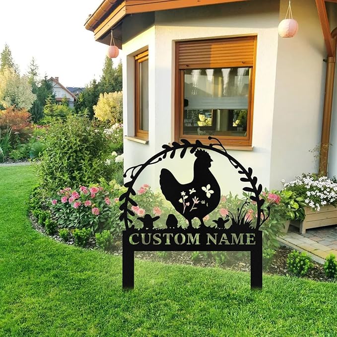 Personalized Metal Chicken Garden Signs with Stake, Custom Garden Signs for Outside Waterproof, Customized Name Sign Yard Lawn Gardens Decor Gardening Gifts for Moms Grandmas Gardeners