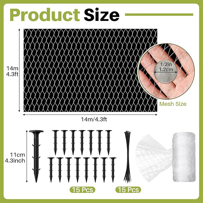 Koi Pond Netting Kit 14 x 14ft, Bird Deer Fence Netting, Durable Net Cover for Leaves, Heavy Duty Fine Mesh, Protect Fish from Birds, Cats & Predators, 15pcs Stakes & Ties Included(White)