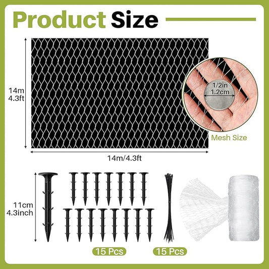 Koi Pond Netting Kit 14 x 14ft, Bird Deer Fence Netting, Durable Net Cover for Leaves, Heavy Duty Fine Mesh, Protect Fish from Birds, Cats & Predators, 15pcs Stakes & Ties Included(White)