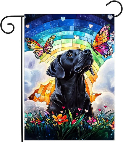 Stained Glass Black Lab Garden Flag for Outside 12x18 Double Sided Small Rainbow Bridge Labrador Dog Memorial Yard Banners Bereavement Pet Sympathy Gift