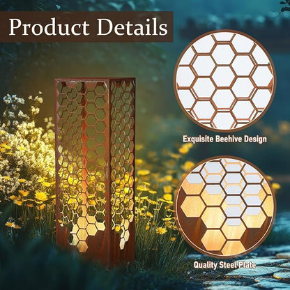 Sumind 24 Inch Honeycomb Garden Column Rust Steel Statue, Outdoor Yard Sculpture, Metal Patio Landscape Decor, Beehive Art Column for Lawn, Porch, Backyard Decoration, Modern Garden Ornament