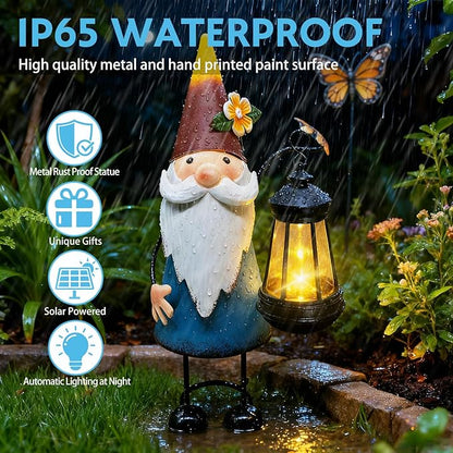 Solar Garden Gnome Statue with Lights,14.56in Tall Solar Gnome Garden Sculptures, Birthday Gift for Woman Grandma Big Metal Decorative for Outdoor Patio Porch Ornaments Lawn Yard Balcony