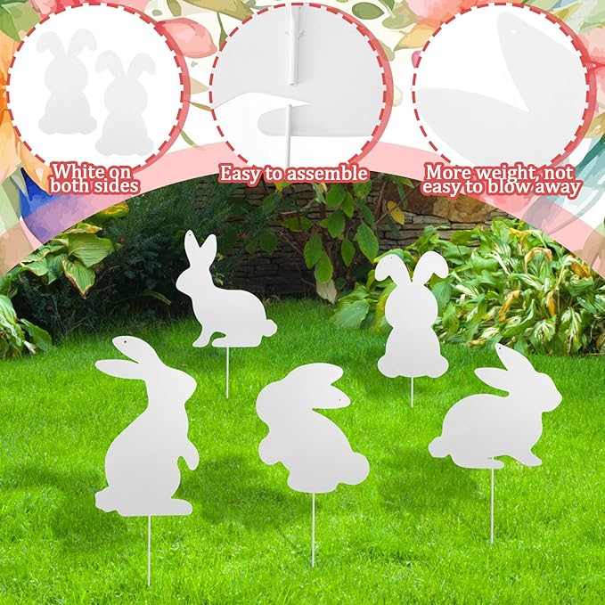 5 Pcs Metal Easter Yard Decorations Outdoor Easter Bunny Yard Signs with Stakes Cute Spring Rabbit Decorative Lawn Signs for Indoor Outdoor Garden Pathway Walkway Spring Holiday Party Decor