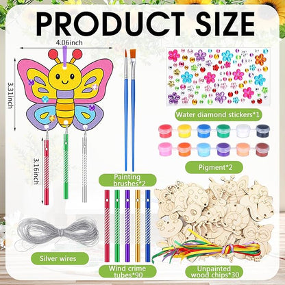 JellyArch 30 Pcs Spring Wind Chime Making Kit, DIY Wooden Spring Insect Craft Wind Chimes with Paint & Stickers, Craft Activity Creative for Church Party Windows Decoration