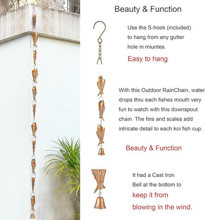 Copper Patina Rain Chain with Rainbow Trout for Heavy Rain, Functional and Decorative Replacement Downspout Chain for Outside, Rain Catcher Chain for Gutters, 8.5FT