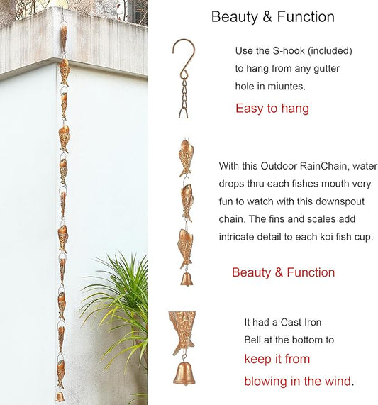 Copper Patina Rain Chain with Rainbow Trout for Heavy Rain, Functional and Decorative Replacement Downspout Chain for Outside, Rain Catcher Chain for Gutters, 8.5FT