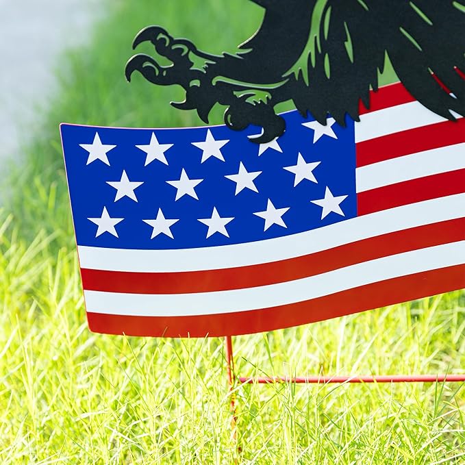 Glitzhome 29.75"H Patriotic Americana Metal Eagle Silhouette & Flag Yard Signs,Patriotic Decorative Garden Stakes for 4th of July Decorations Outdoor,Memorial Day Yard Signs for Lawn Porch Decor