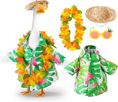 DECOHS 4 Pcs/Set Hawaiian Porch Goose Outfits, Summer Lawn Goose Costume, Yard Goose Clothes Hawaiian Wreath with Straw Hat Glasses for 23" Statue Patio Garden Decoration