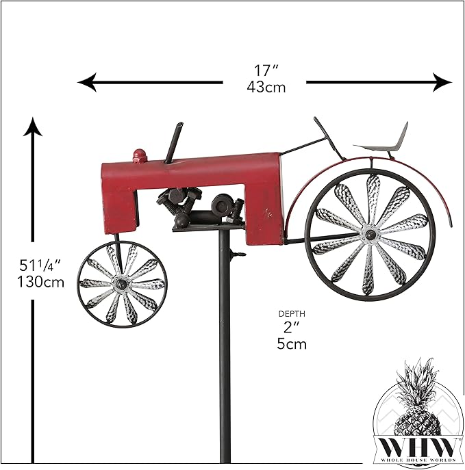 Americana Garden Stake, Red Farm Tractor, Turning Wheels, Vintage Finish, Artisan Crafted, Iron, Hammered Wheel Spoke Details, Single Prong, 51 Inches Tall