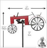Americana Garden Stake, Red Farm Tractor, Turning Wheels, Vintage Finish, Artisan Crafted, Iron, Hammered Wheel Spoke Details, Single Prong, 51 Inches Tall