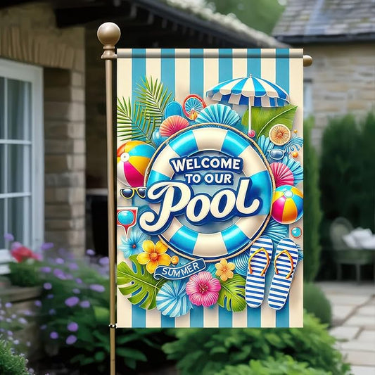 HOMETITUTE Welcome to Our Pool Summer Garden Flag 12x18 Inch Double Sided Summer Swimming Pool Yard Flag Palm Leaf ParasolParty Seasonal Farmhouse Banner Outdoor Decor Poolside