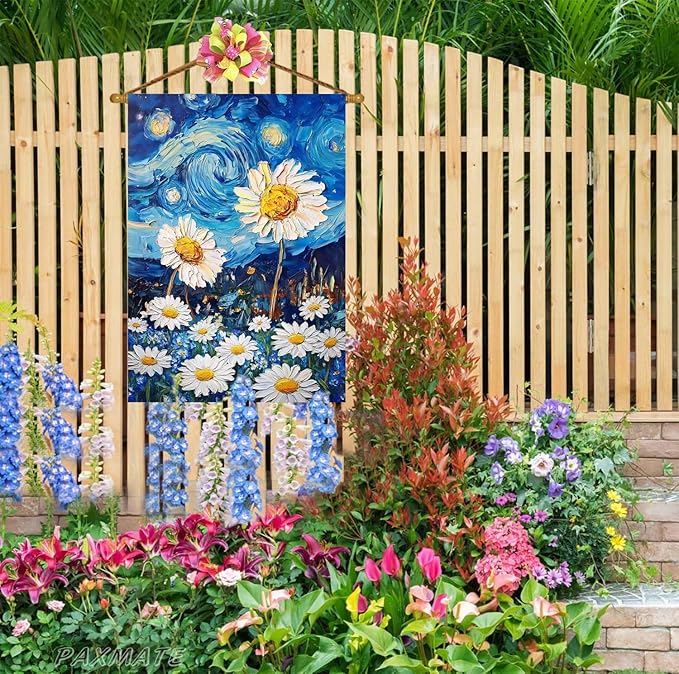 Spring Summer House Flag 28x40 Inch Double Sided Starry Night Daisy Flowers Large Burlap Yard Flag Seasonal Farmhouse Outdoor Outside Decoration