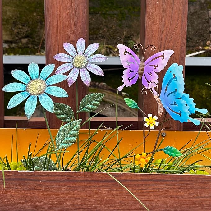 Metal Flowers for Outside, 16.15" 4-Pack Metal Colorful Butterfly & Flower Decorative Garden Stakes for Spring Garden Decor, Shaking Head Yard Art Decorations for Patio Lawn Ornaments