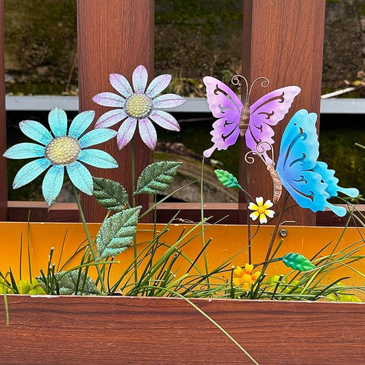 Metal Flowers for Outside, 16.15" 4-Pack Metal Colorful Butterfly & Flower Decorative Garden Stakes for Spring Garden Decor, Shaking Head Yard Art Decorations for Patio Lawn Ornaments