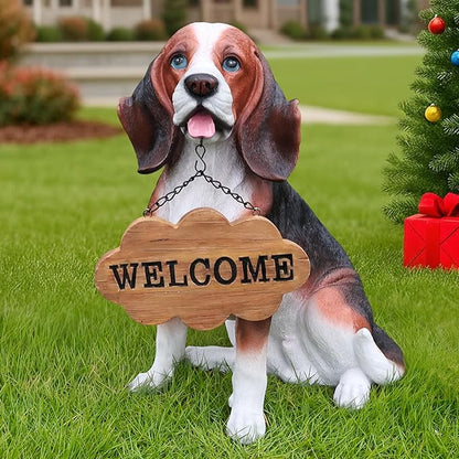 Tricolor Beagle Country-Garden Accent with Solar Lantern and Reversible Sign, Sitting Beagle Statue for Gateways, Flower Borders & Courtyard