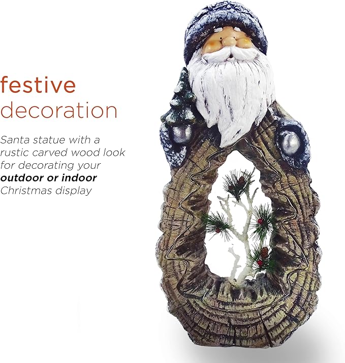 Alpine Corporation 21" Tall Santa Christmas Statue with Carved Wood Look and 16 Warm LED Lights, Timer Function, Indoor/Outdoor Holiday Decoration for Porch or Entryway