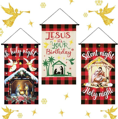Tegeme 3 Pcs Nativity Christmas Door Sign Flag Christmas Holy Night Door Banner Jesus Nativity Flag 12 x 19 Inch Holiday Hanging Decoration for Home Outdoor