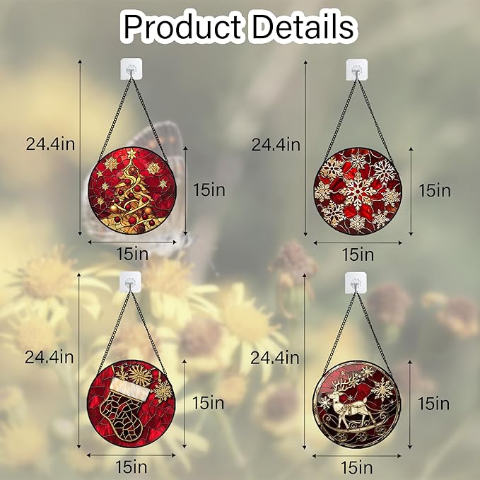DASTOLL Stained Glass Window Hanging 4 Pcs Set Red Christmas Elk Snowflakes Large 15" - Deer Suncatcher Door Garden Sun Catcher Decor Birthday for Mom Woman Nana Men Friend
