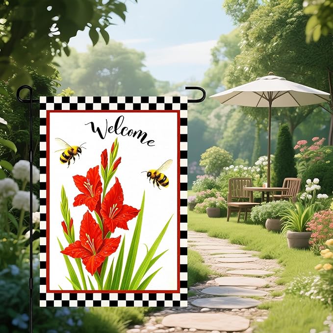 IVN Welcome Garden Flag 12x18 Inch Double Sided Spring Summer Garden Yard Flags Red Gladiolus Flowers Bees Decorative Small Flags for Outdoor Seasonal Front Door Lawn Porch Patio Decor Yard Flag