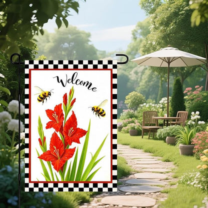 IVN Welcome Garden Flag 12x18 Inch Double Sided Spring Summer Garden Yard Flags Red Gladiolus Flowers Bees Decorative Small Flags for Outdoor Seasonal Front Door Lawn Porch Patio Decor Yard Flag