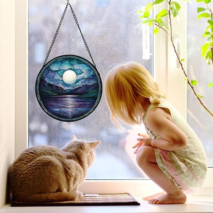 DASTOLL Stained Glass Window Hanging, Blue Night Moon Lake Sun Catchers Colorful Glass Panel Landscape Suncatcher Decor for Birthday for Women, Men, Wife, Aunt, and Mom 7.8 in