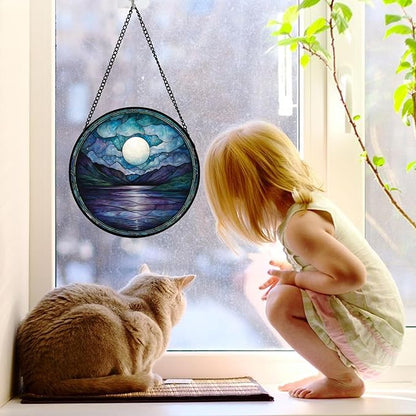 DASTOLL Stained Glass Window Hanging, Blue Night Moon Lake Sun Catchers Colorful Glass Panel Landscape Suncatcher Decor for Birthday for Women, Men, Wife, Aunt, and Mom 7.8 in