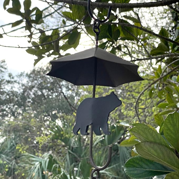 Rustic Black Bear & Umbrella Rain Chain - 75 inches Long Distressed Copper Finish, 10 Decorative 3D Designs, Weighted Bell for Wind Chime Sound