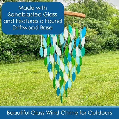 Blue Handworks Deluxe Ocean Waterfall & Driftwood Chime, Sandblasted Glass and Found Wood Handcrafted Wind Chime