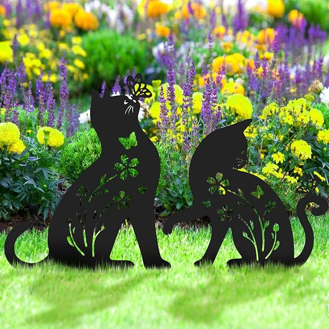 Ouddy Mode 2 Packs Cat Garden Decor for Outside, Cat Gifts for Women/Men/Mom/Grandma, Metal Decorative Garden Stakes for Outdoor Lawn Statues Yard Art