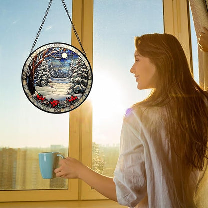 DASTOLL Stained Glass Window Hanging Christmas Tree Winter Snow Night Scenery 6.3" - Suncatcher Door Garden Kitchen Sun Catcher Home Decor Birthday for Mom Men Woman Friend
