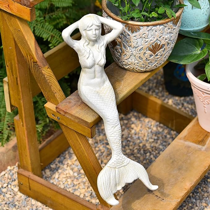 Sungmor 14.3" Tall Large Cast Iron Mermaid Statue, Sitting Mermaid Sculpture Decoration for Pool Pond Birdbath Shelf Desk, Rustic White Garden Figurines for Indoor Outdoor Fish Tank Fountain Rockeries