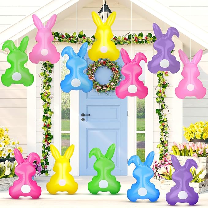 Realspring 12 Pcs Easter Bunny Inflatable Decoration 14 Inch Inflatable Bunny Blow up Decor Colorful Rabbit Hanging Ornament Giant PVC Spring Summer Yard Decorations for Indoor Outdoor Party Supplies