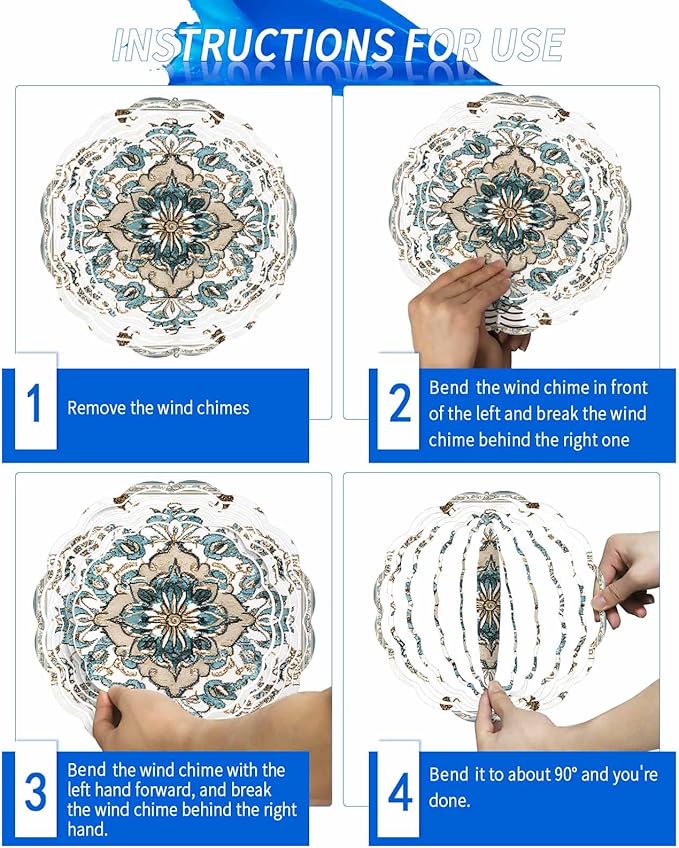 Boho Wind Spinner 8 Inch Retro Blue Floral Vintage Flower Wind Spinners Outdoor 3D Stainless Steel Hanging Sculpture Decorations Gift for Garden Yard Porch Balcony