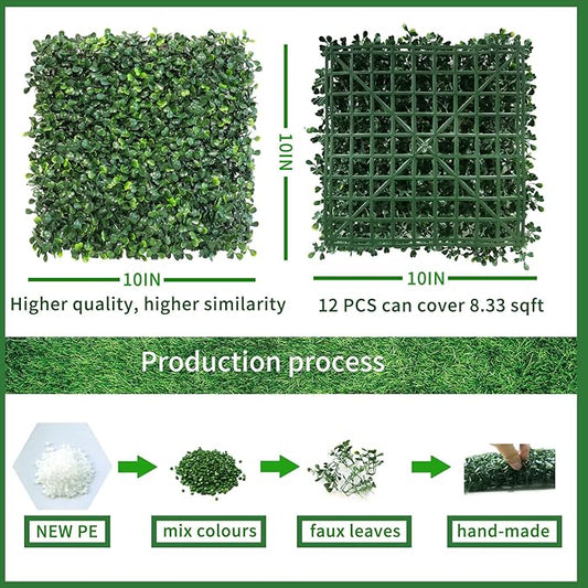NETAP Artificial Grass Wall Panels Backdrop,10"x 10"(12Pcs) Faux Boxwood Panels for Outdoor Indoor Green Wall Decor,Party Wedding Garden Fence Decorations